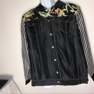 KOOS QVC Black & White Silk Floral Striped Blouse 1X NWT